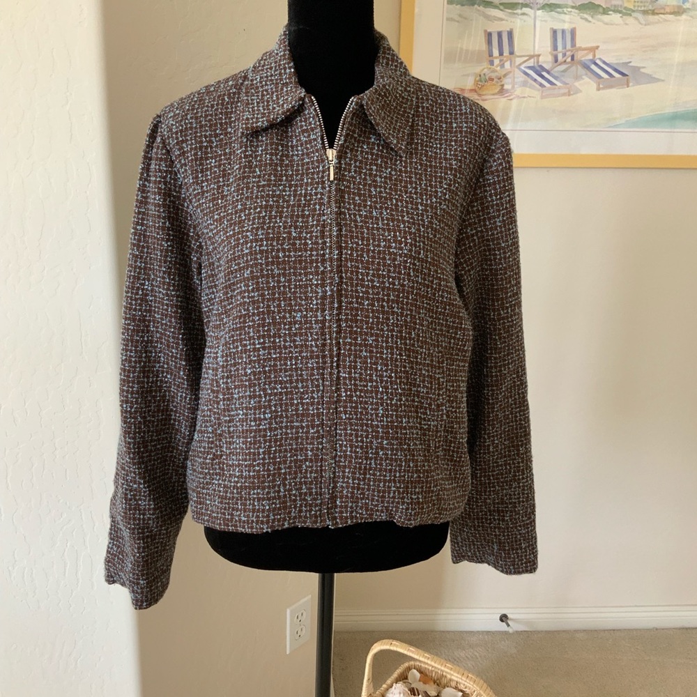 NWT Old Navy Brown & Aqua Blue Tweed Jacket SZ L